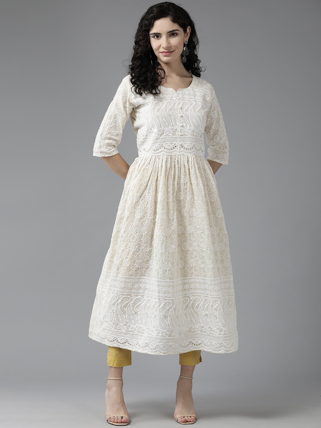

BAESD Ethnic Motifs Embroidered Chikankari White Romance Cotton A-Line Kurta, Cream
