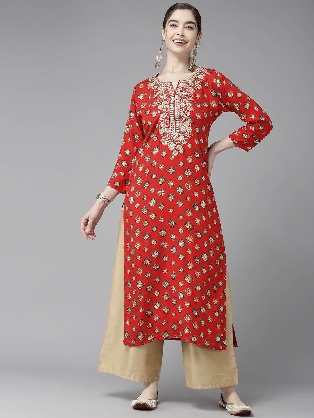 

BAESD Geometric Printed Round Neck Cotton Straight Kurta, Red
