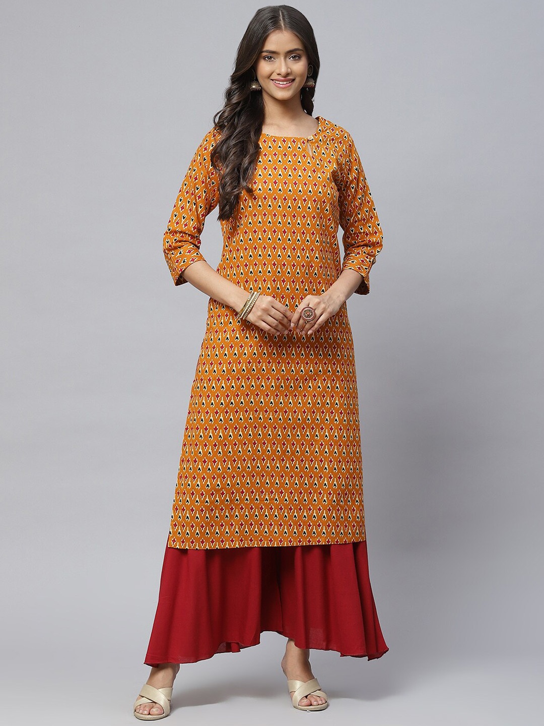 

BAESD Ethnic Motifs Printed Keyhole Neck Pure Cotton Straight Kurta, Mustard