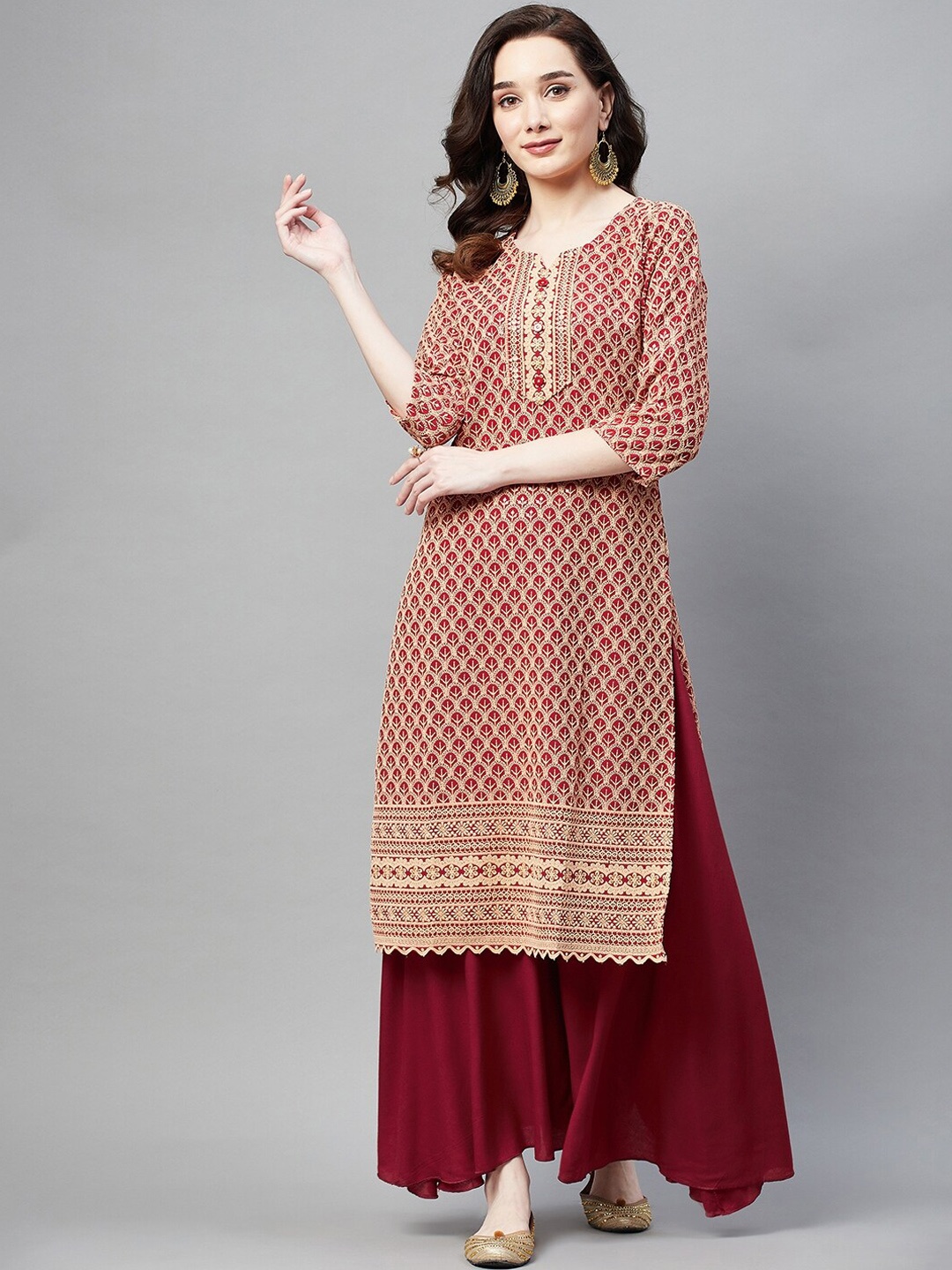

BAESD Ethnic Motifs Embroidered Thread Work Cotton Straight Kurta, Red