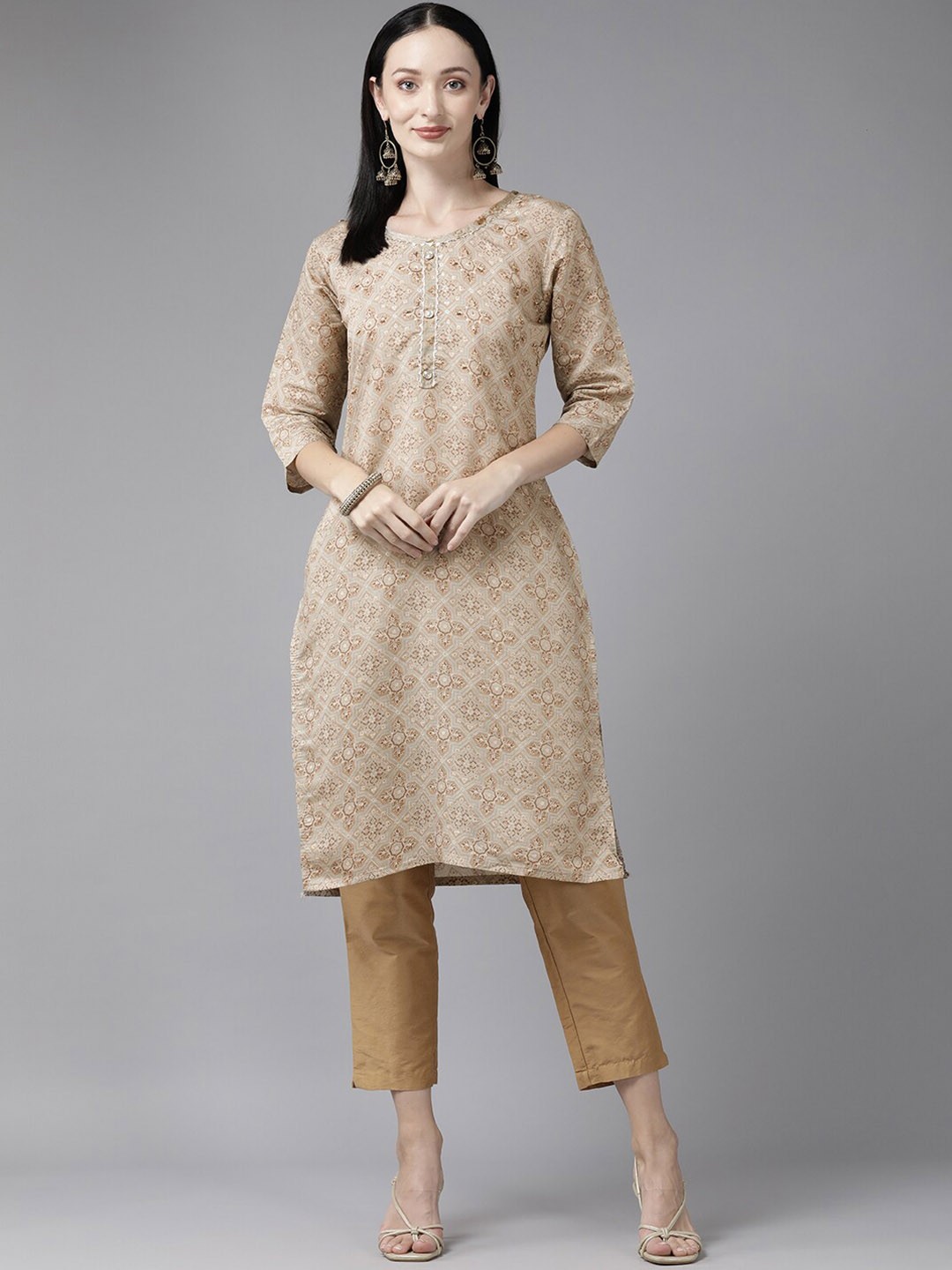 

BAESD Ethnic Motifs Printed Gotta Patti Cotton Straight Kurta, Beige