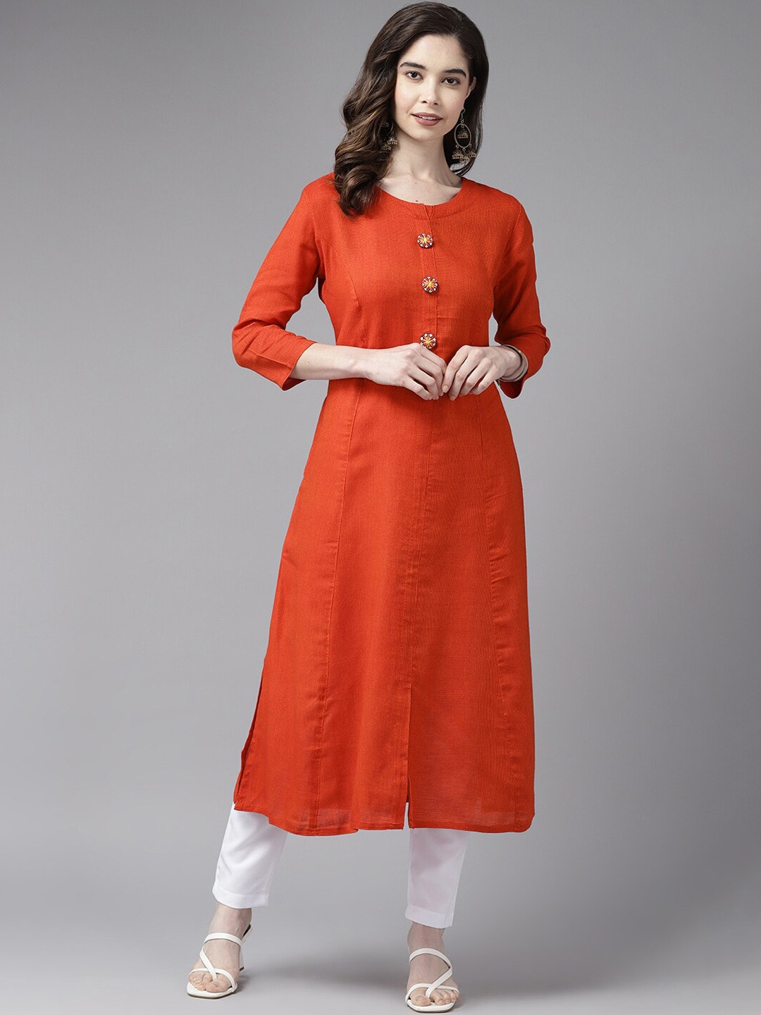 

BAESD Round Neck Panelled Cotton A-Line Kurta, Orange