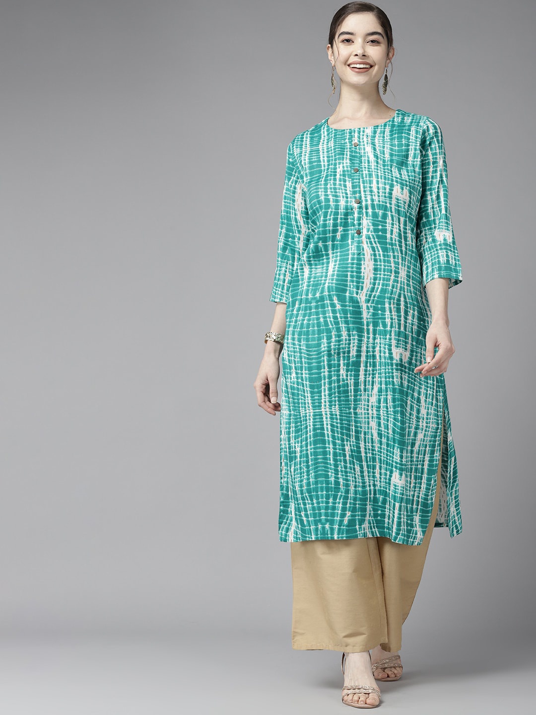 

BAESD Round Neck Abstract Printed A-Line Cotton Kurta, Turquoise blue