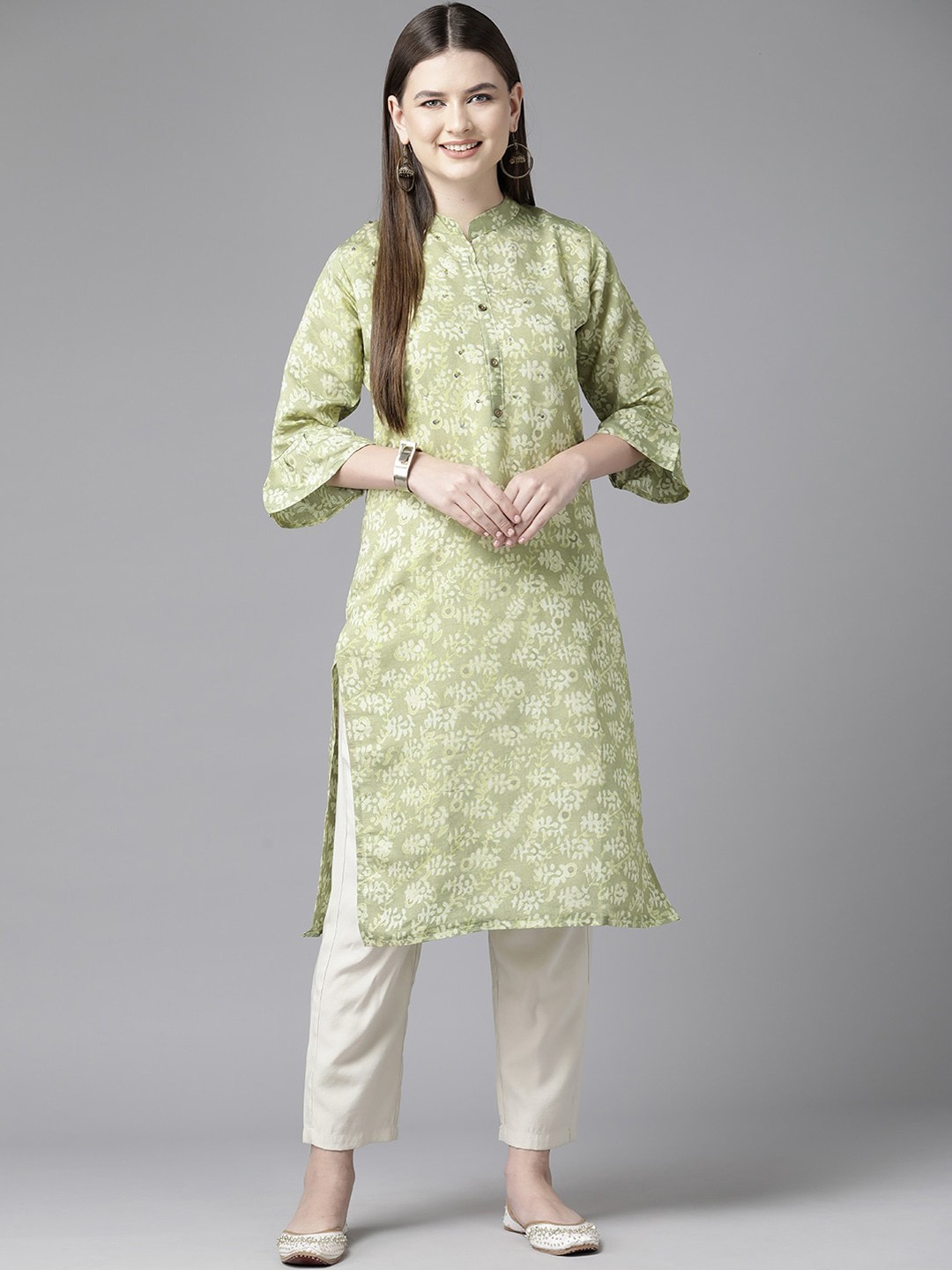 

BAESD Mandarin Collar Floral Printed A-Line Cotton Kurta, Green