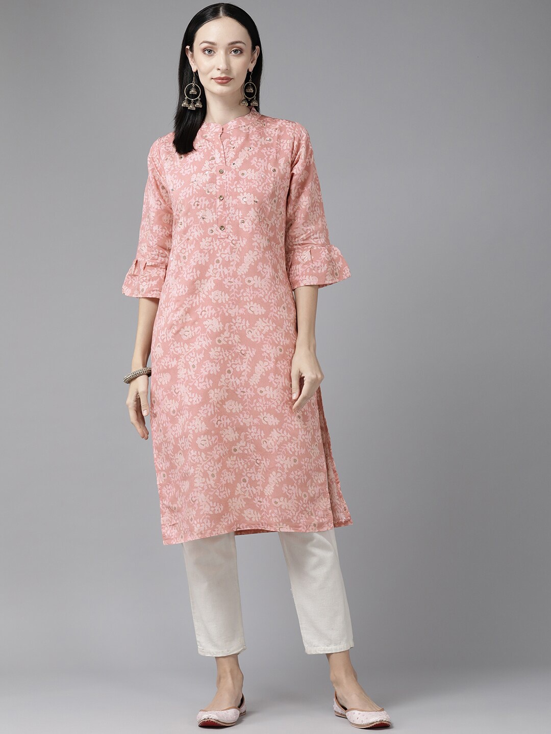 

BAESD Ethnic Motif Band Collar Bell Sleeves Straight Cotton Kurta, Peach