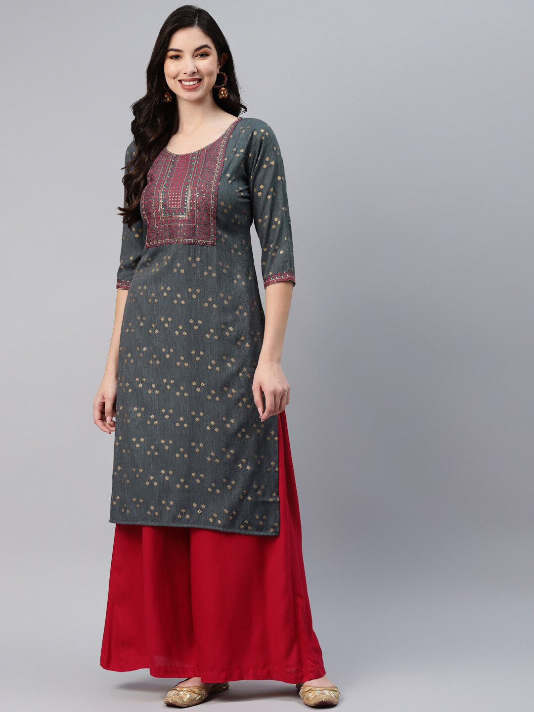 

BAESD Floral Printed Thread Work Detailed Cotton Straight Kurta, Grey