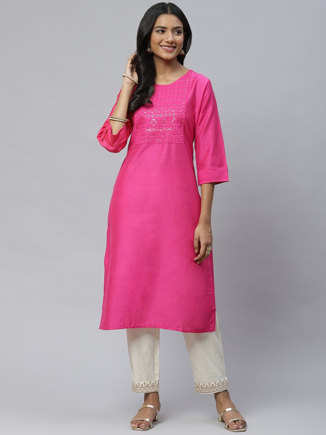 

BAESD Geometric Embroidered Yoke Sequined Cotton Straight Kurta, Pink