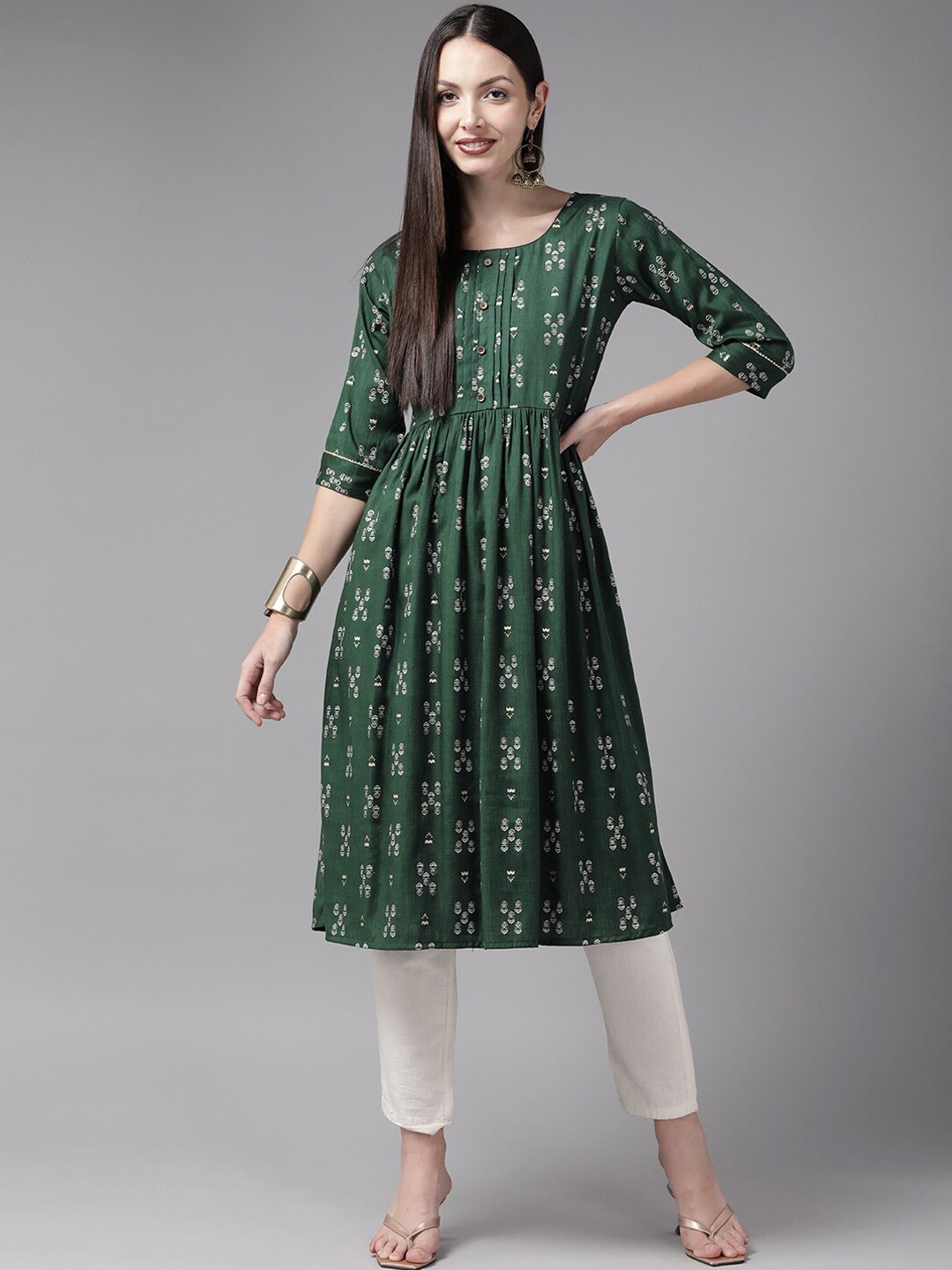 

BAESD Ethnic Printed Round Neck Cotton A-Line Kurta, Green