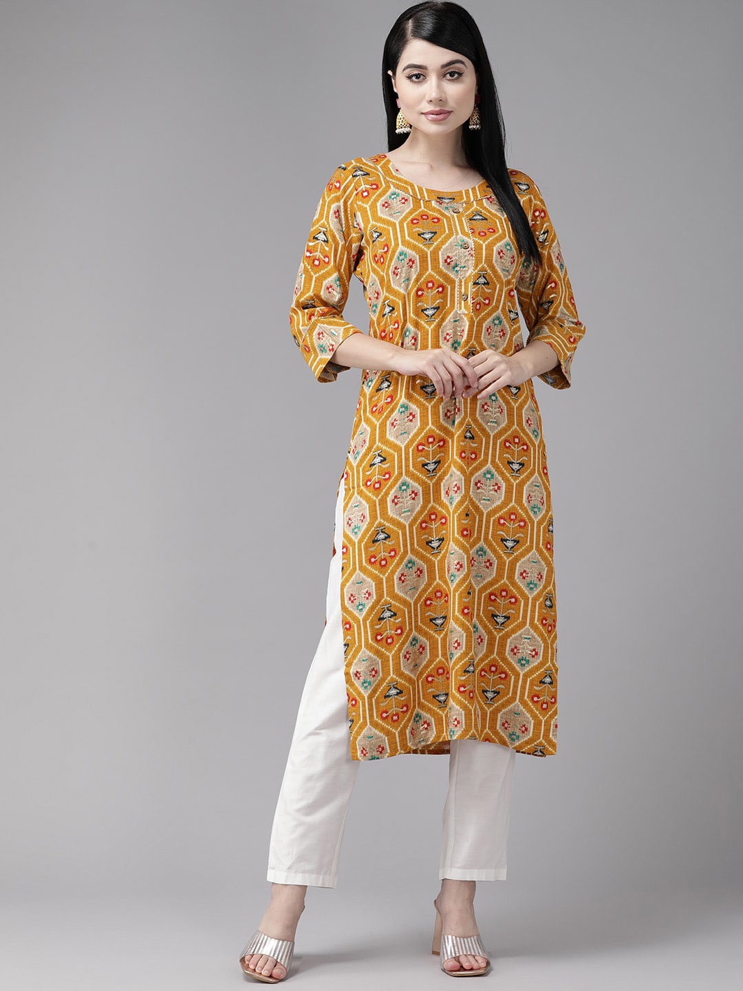 

BAESD Ethnic Motifs Printed Gotta Patti Cotton Straight Kurta, Yellow