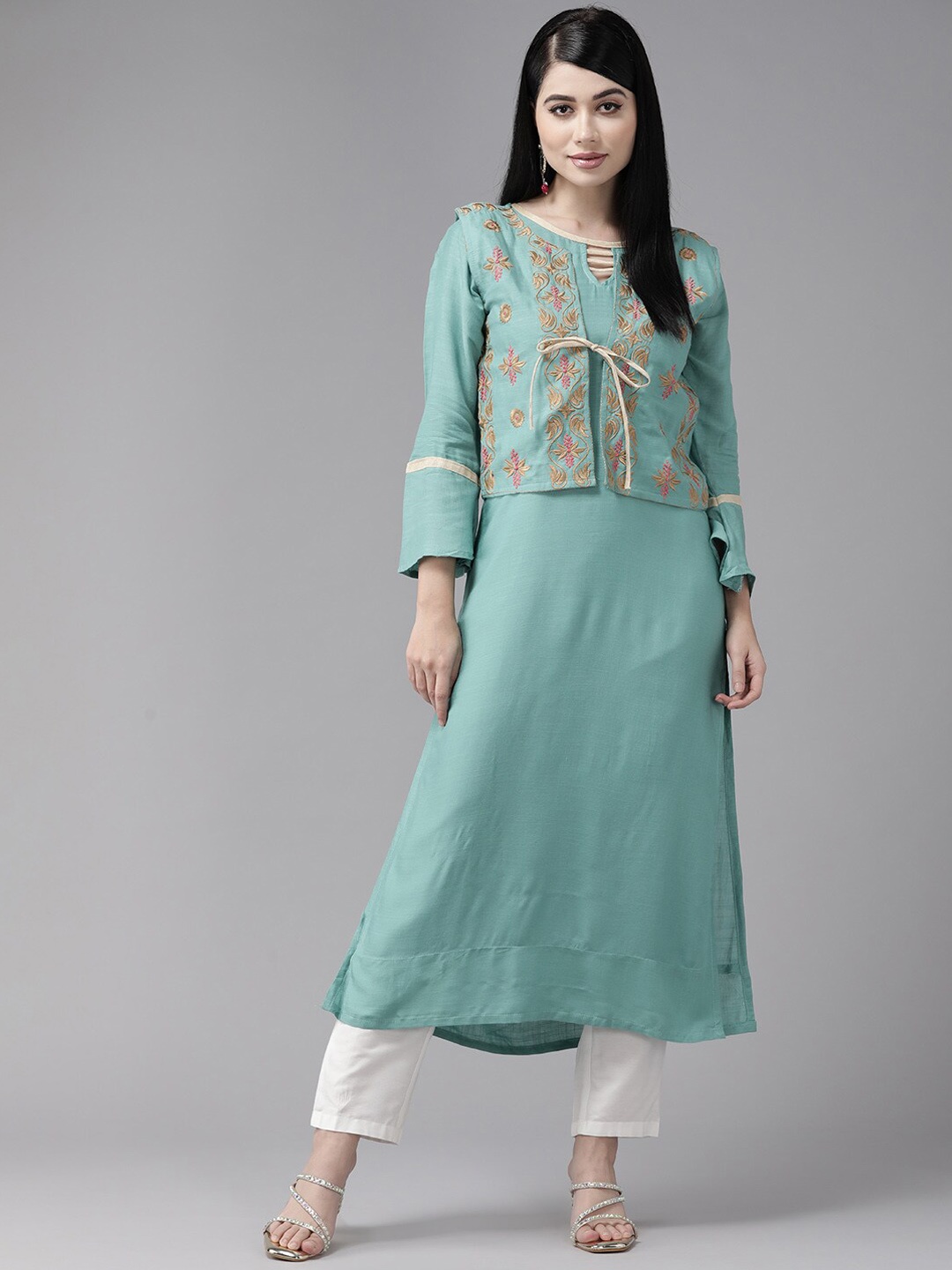 

BAESD Pure Cotton Straight Kurta With Jacket, Sea green