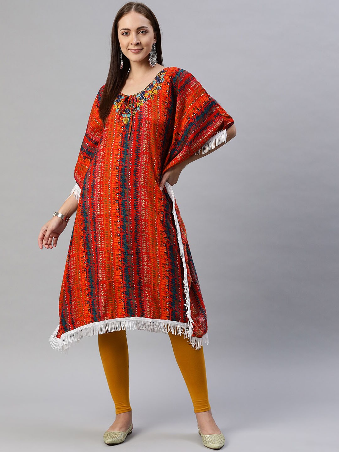 

BAESD Striped Tie-Up Neck Cotton Kaftan Kurtas, Orange