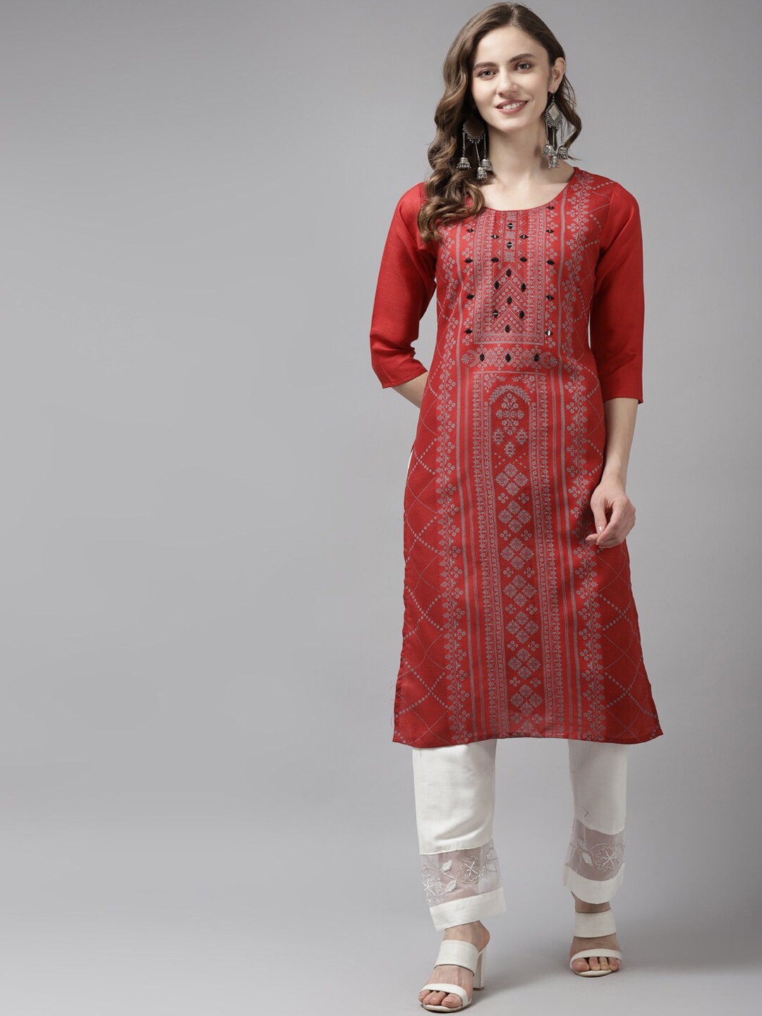

BAESD Ethnic Motifs Printed Mirror Work Cotton Straight Kurta, Red