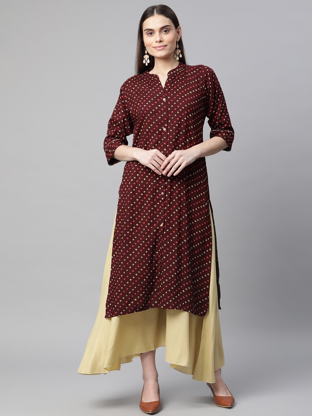 

BAESD Bandhani Printed Mandarin Collar Straight Kurta, Burgundy