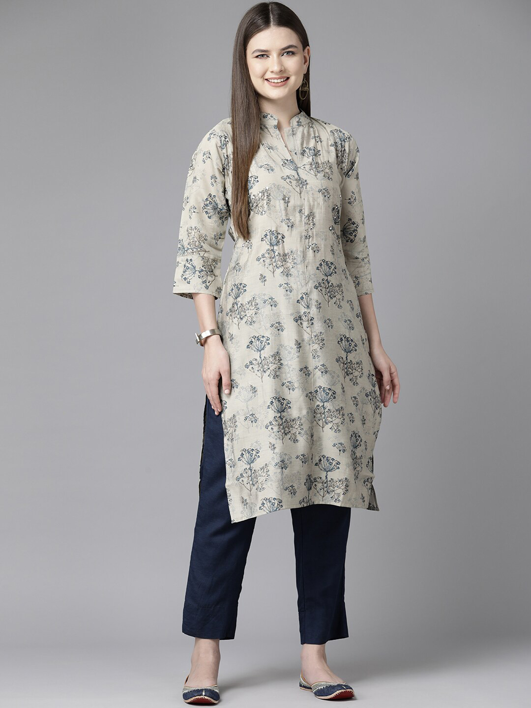 

BAESD Floral Printed Sequinned Cotton Straight Kurta, Grey