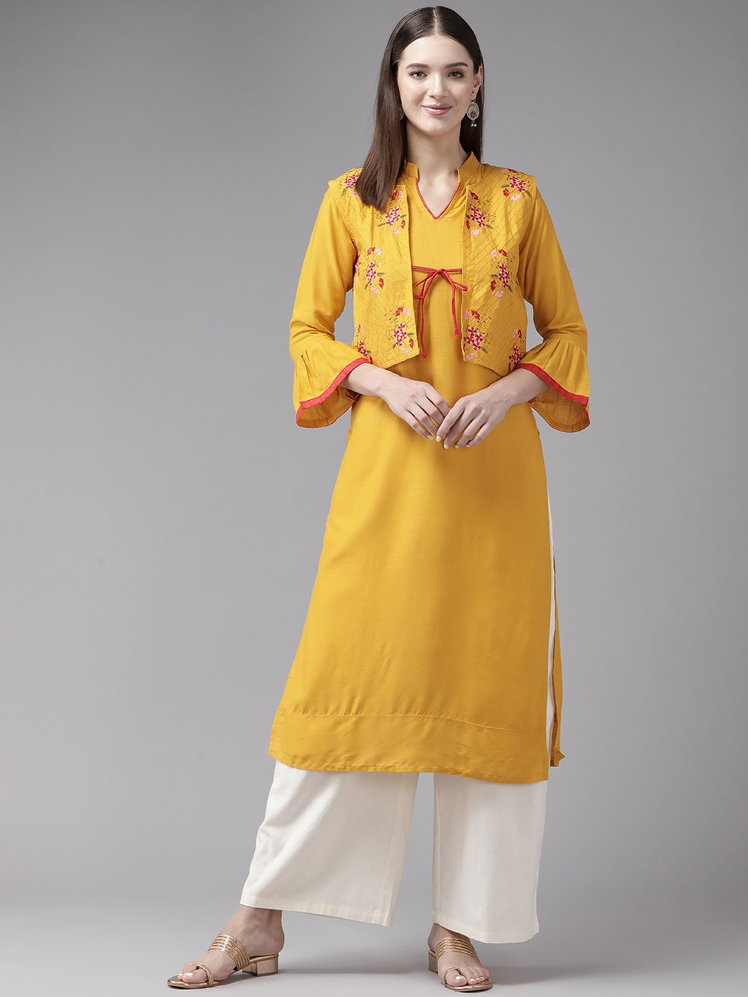 

BAESD Bell Sleeves Mandarin Collar Kurta With Embroidered Jacket, Yellow