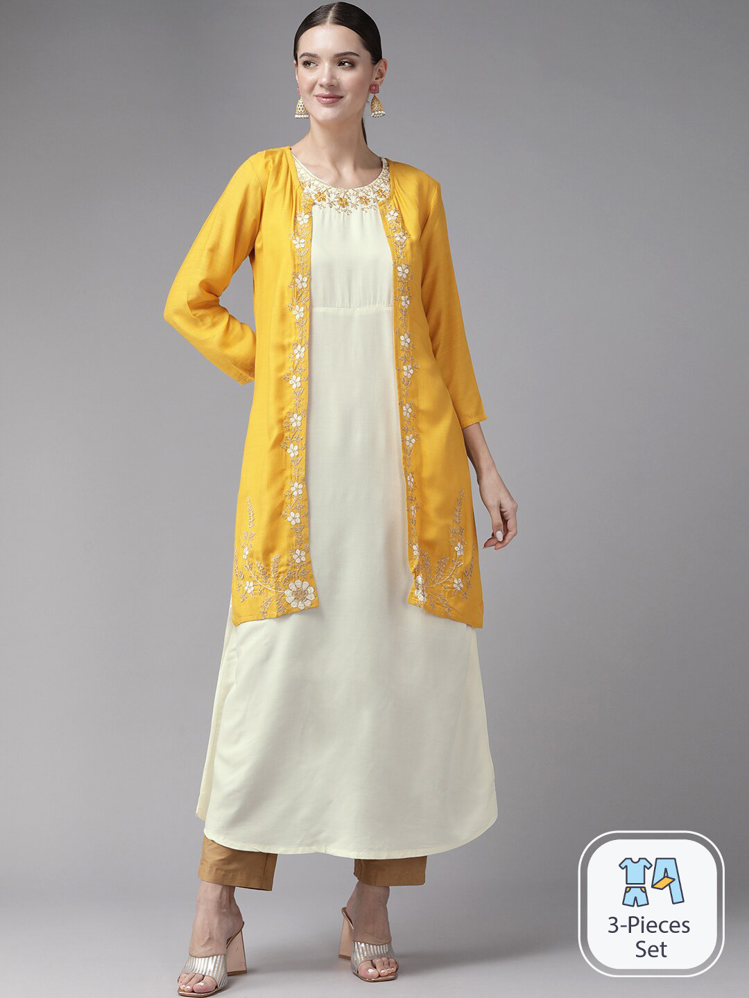 

BAESD Floral Embroidered Round Neck Cotton Regular Kurta, Yellow