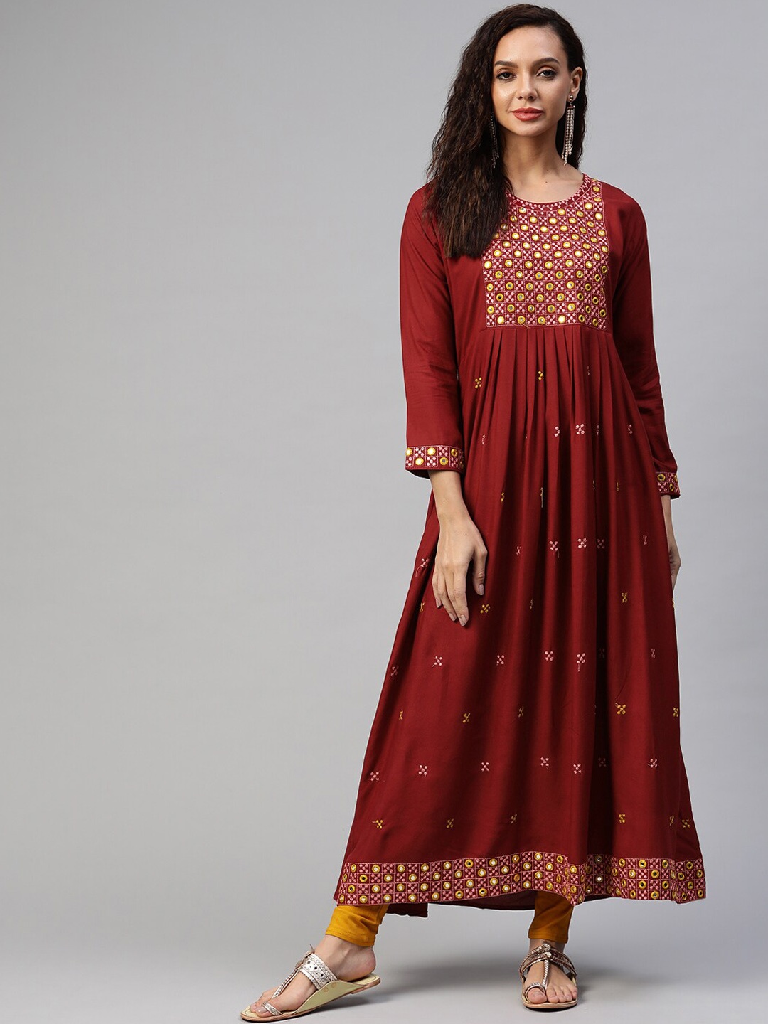 

BAESD Floral Embroidered Mirror Work Cotton Anarkali Kurta, Maroon