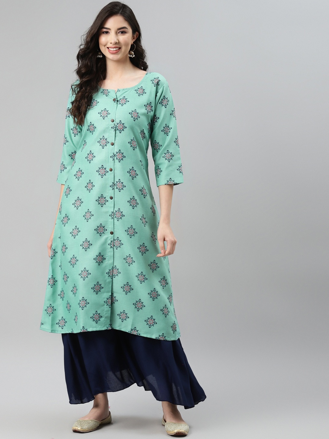 

BAESD Round Neck Ethnic Motif Printed A-Line Cotton Kurta, Sea green