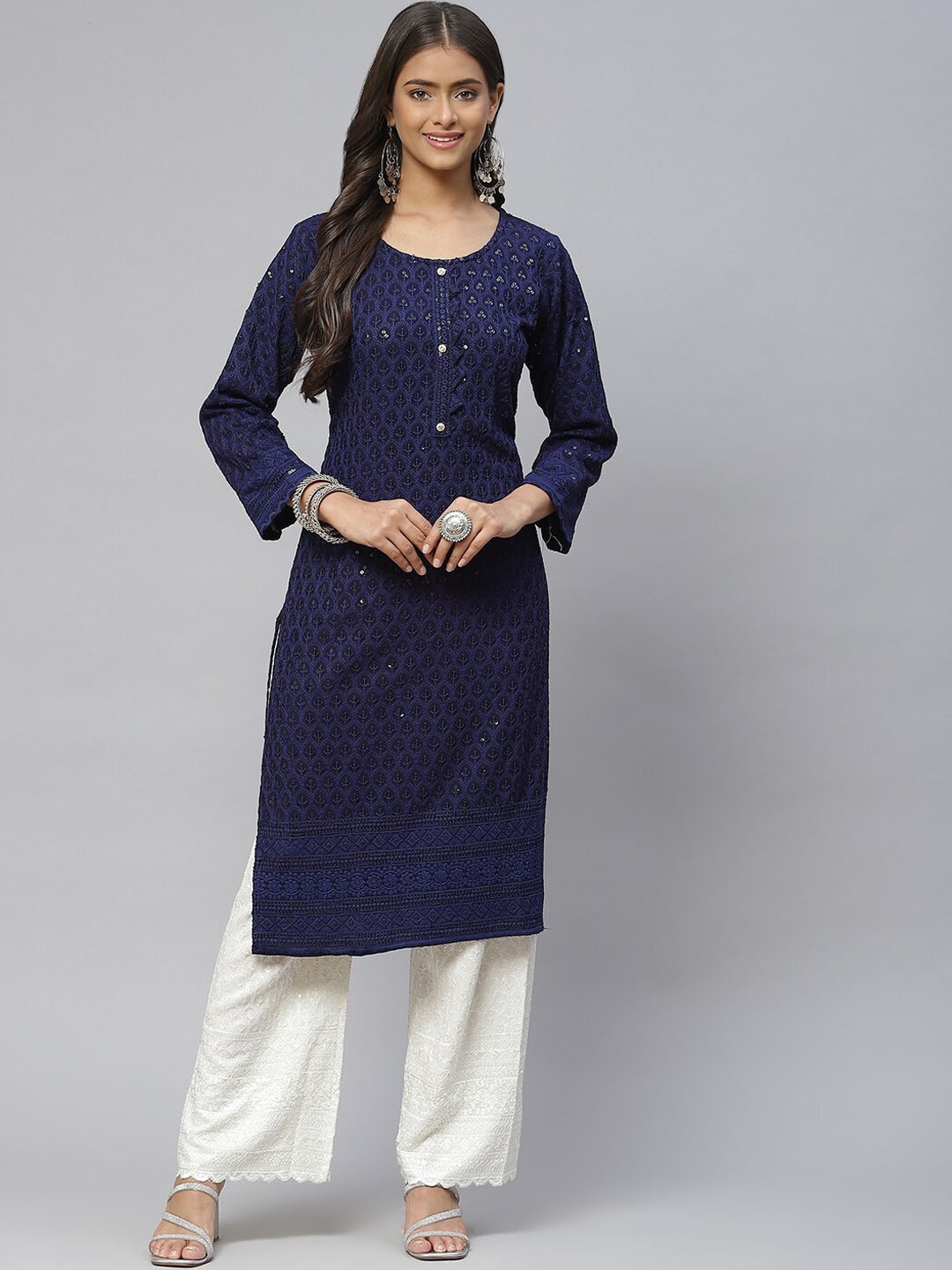 

BAESD Floral Embroidered Sequinned Cotton Straight Kurta, Navy blue