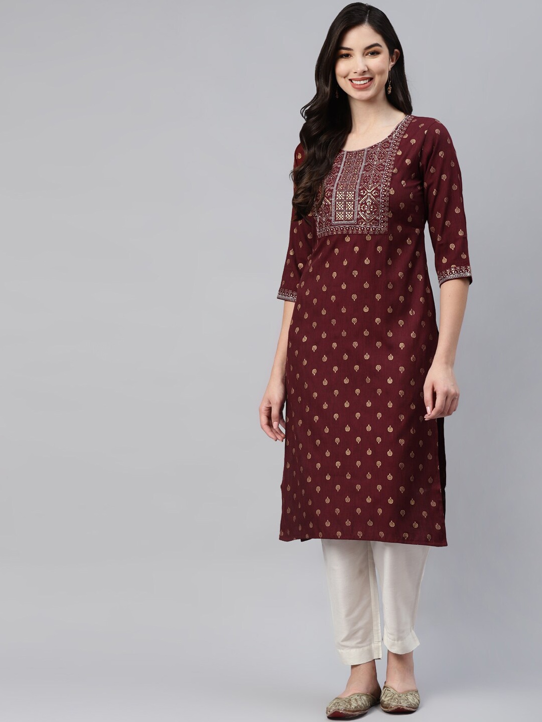 

BAESD Ethnic Motifs Printed Thread Work Detailed Cotton Straight Kurta, Burgundy