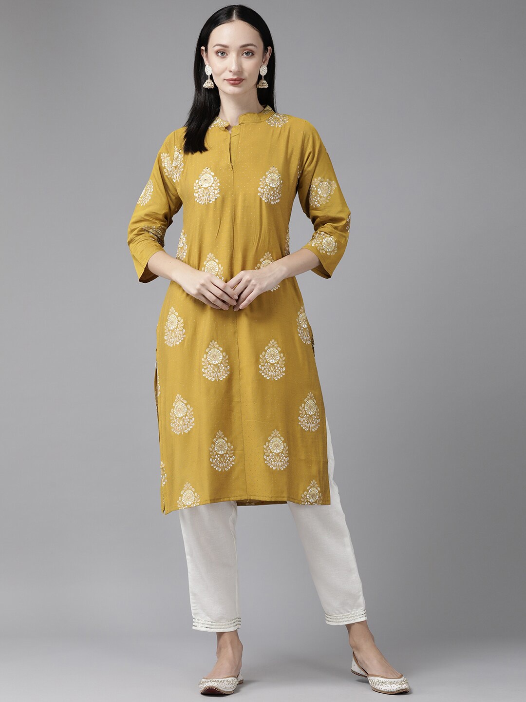 

BAESD Ethnic Motifs Printed Mandarin Collar Pure Cotton Straight Kurta, Mustard