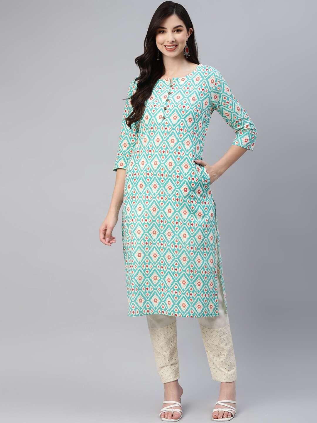 

BAESD Ethnic Motifs Printed Cotton Straight Kurta, Turquoise blue