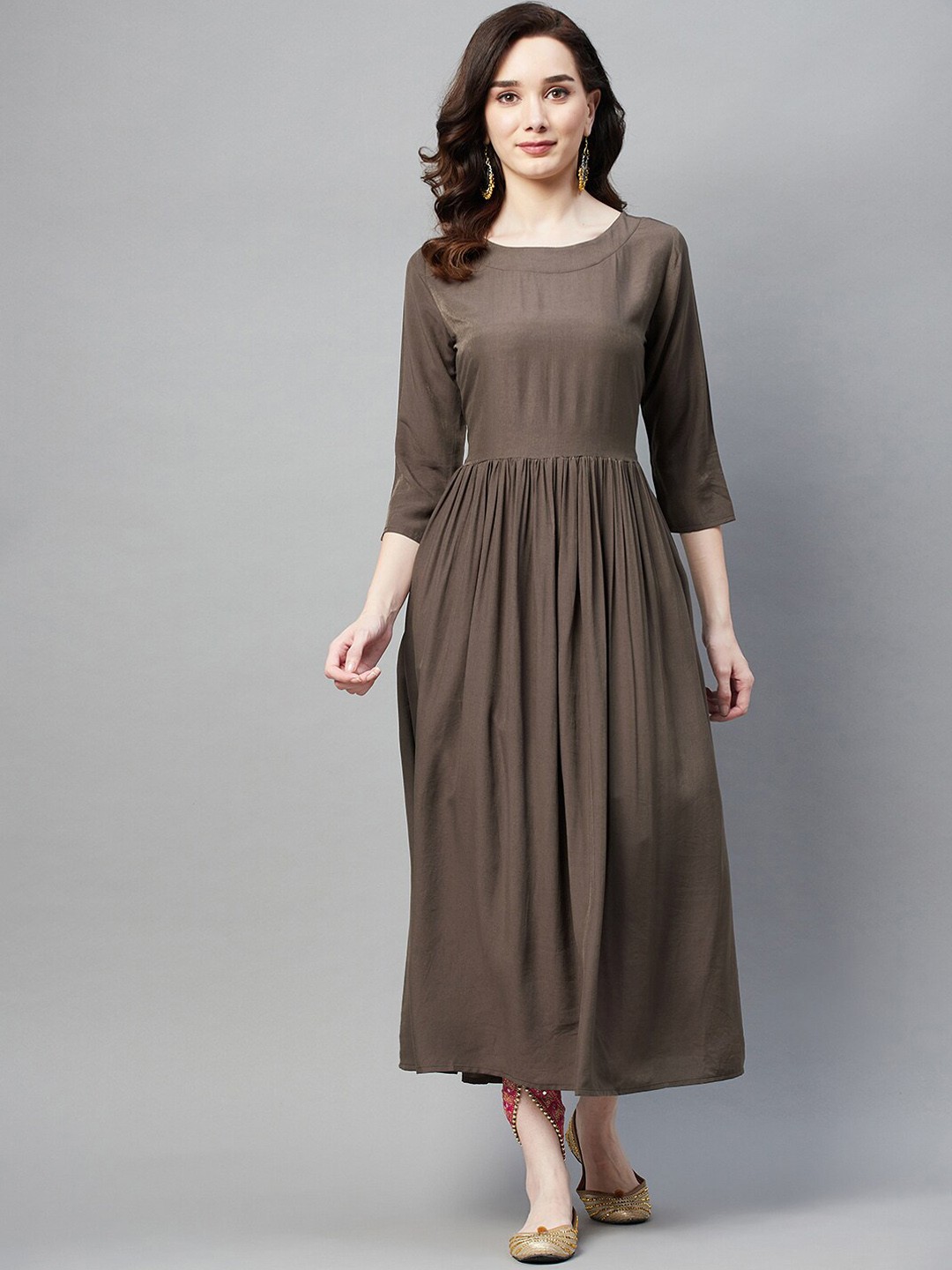 

BAESD Boat Neck Cotton A-Line Kurta, Brown