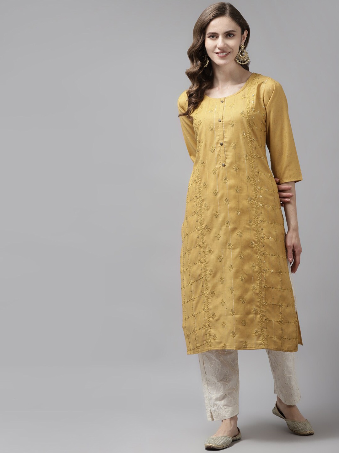 

BAESD Ethnic Motifs Embroidered Thread Work Detailed Straight Kurta, Yellow