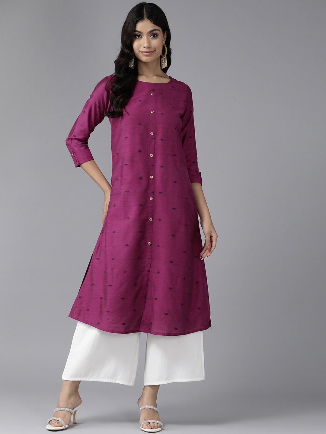 

BAESD Round Neck Ethnic Motif woven Design A-Line Cotton Kurta, Purple