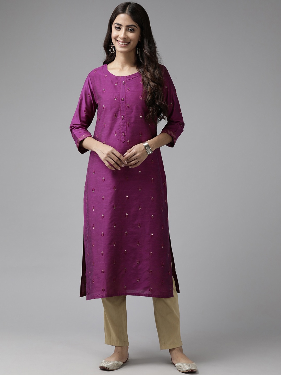 

BAESD Floral Embroidered Beads & Stones Cotton Kurta, Purple