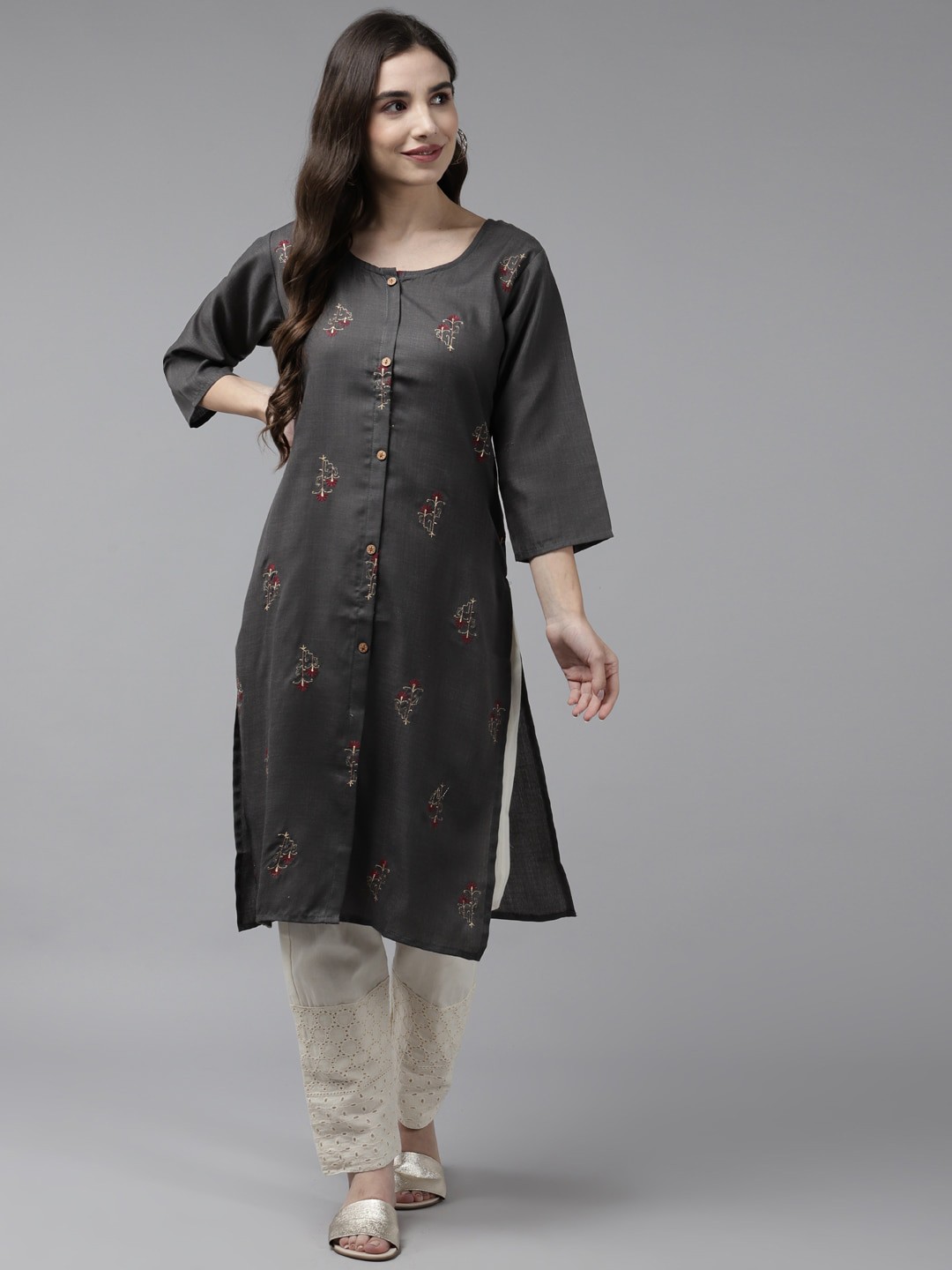 

BAESD Ethnic Motifs Embroidered Thread Work Detail Straight Kurta, Grey
