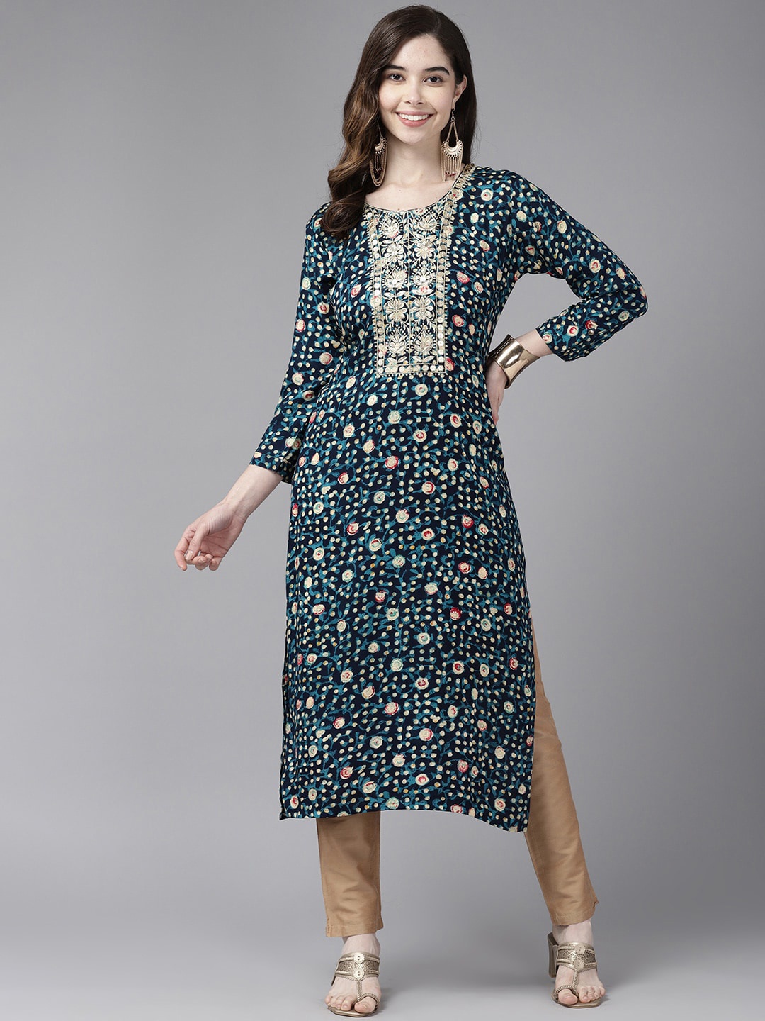 

BAESD Round Neck Foral Printed Gotta Patti A-Line Cotton Kurta, Navy blue