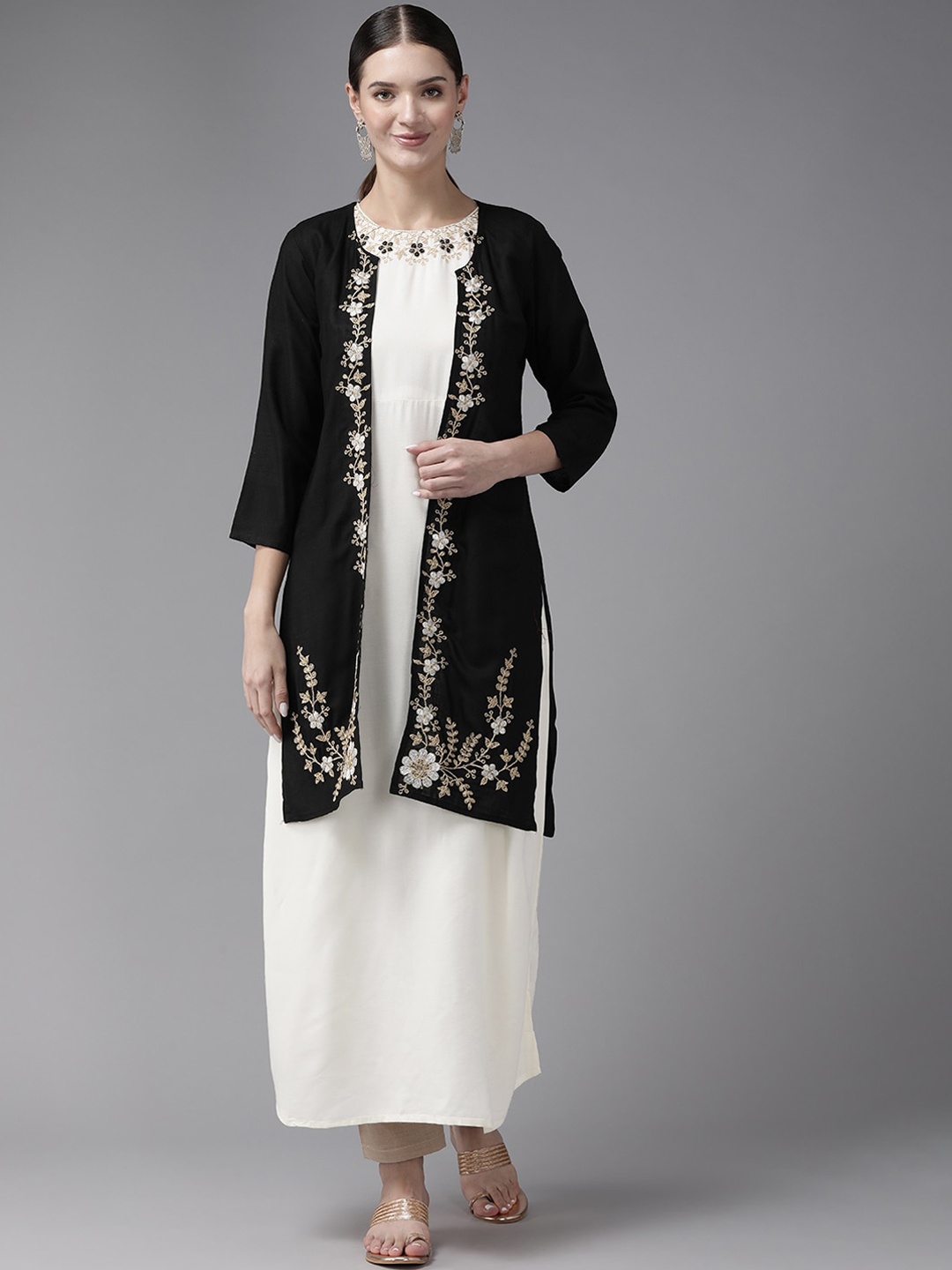 

BAESD Floral Embroidered Thread Work Cotton Kurta, Black