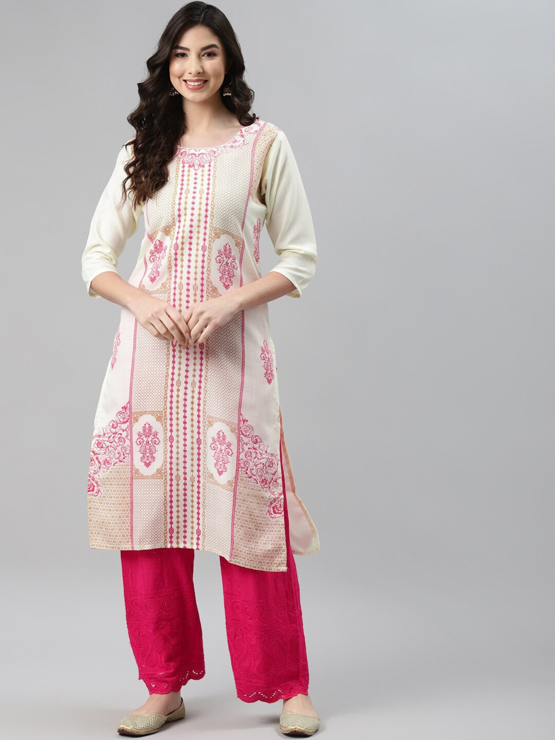 

BAESD Ethnic Motifs Printed Straight Kurta, Cream