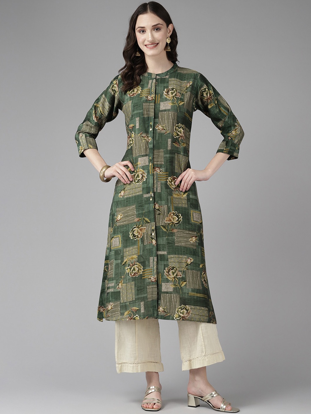 

BAESD Floral Printed Round Neck Cotton Regular Kurta, Green
