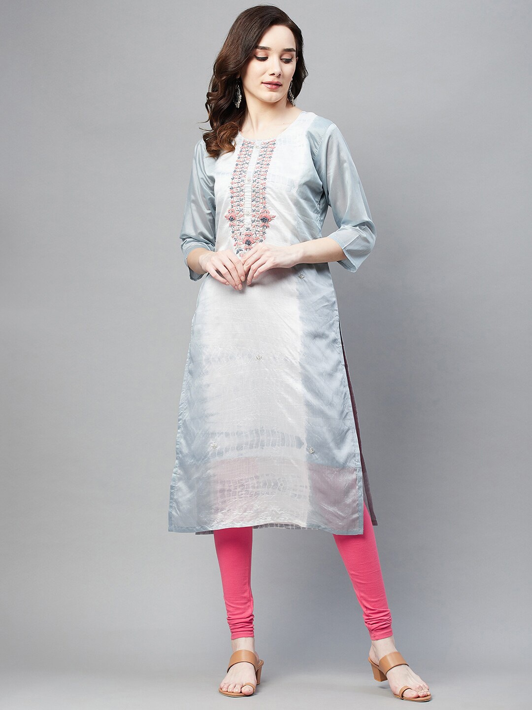 

BAESD Ethnic Motifs Yoke Design Thread Work Pure Cotton Straight Kurta, Grey