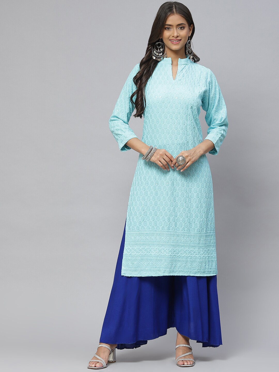 

BAESD Ethnic Motifs Embroidered Cotton Kurta, Turquoise blue
