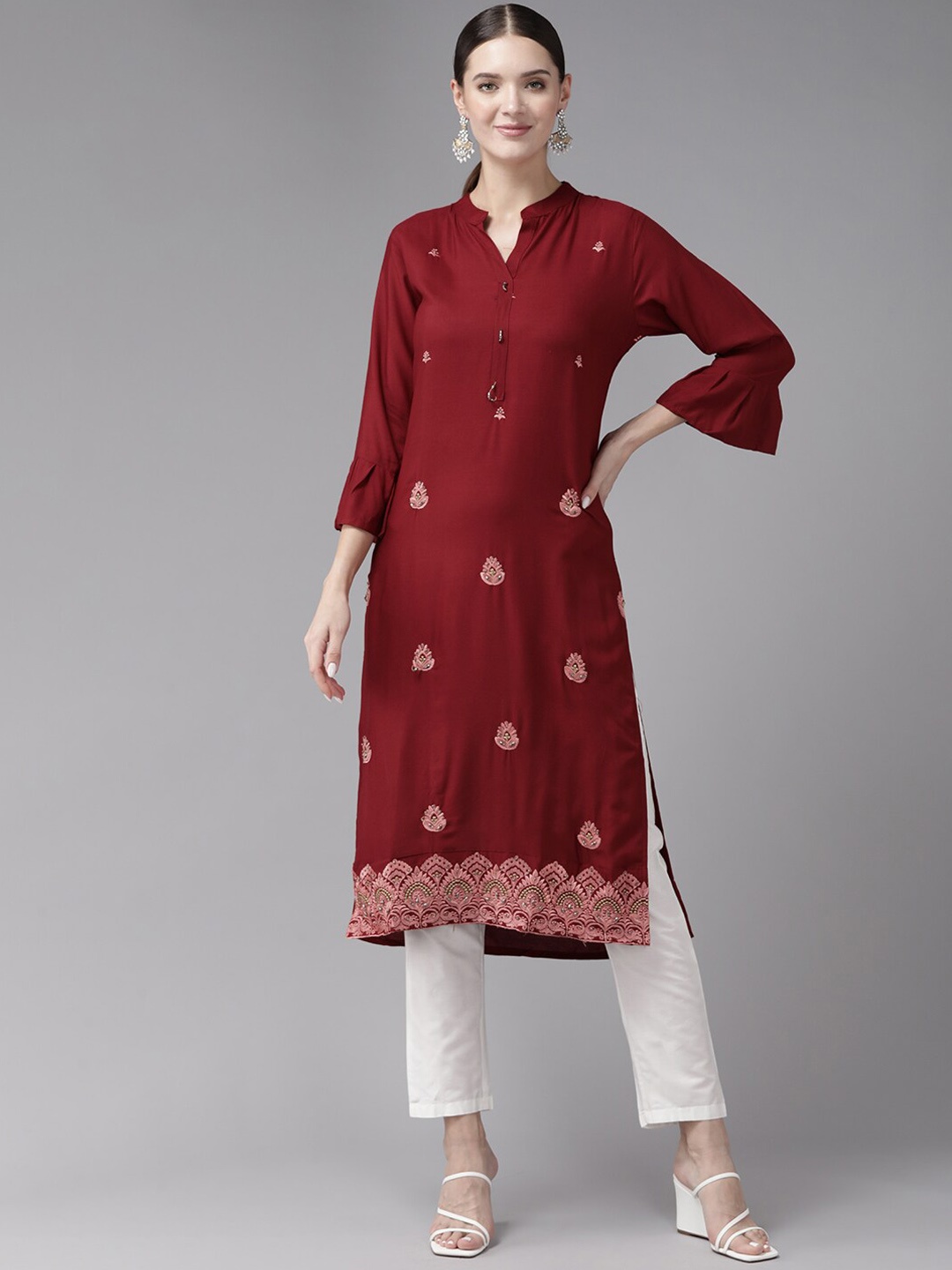 

BAESD Ethnic Motifs Embroidered Mandarin Collar Bell Sleeves Thread Work Straight Kurta, Maroon