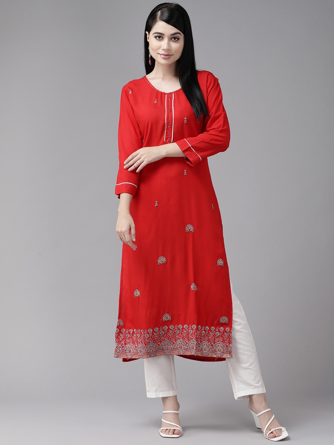 

BAESD Ethnic Motifs Embroidered Round Neck Aari Work Cotton Kurta, Red