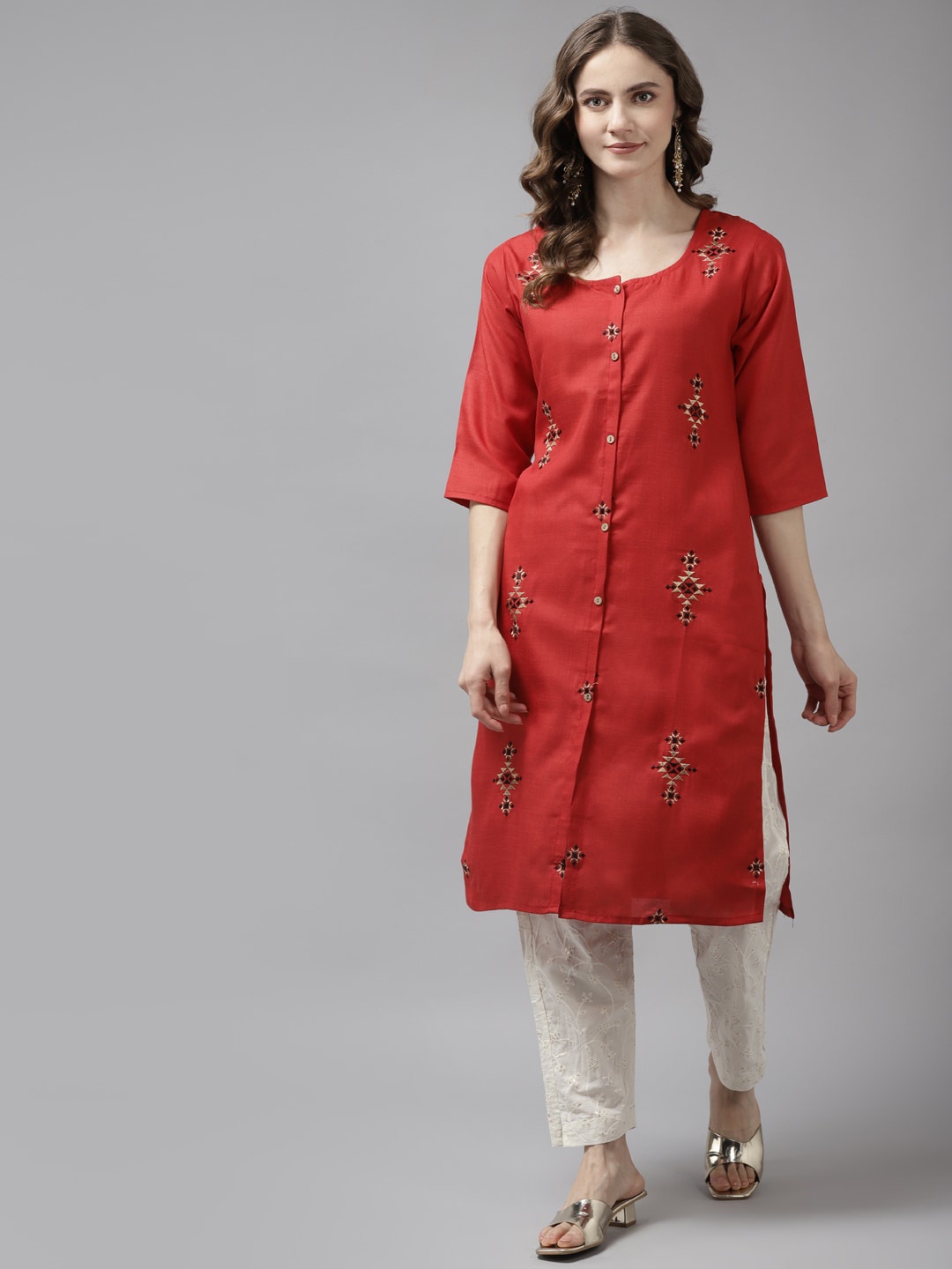 

BAESD Round Neck Ethnic Motif Embroidered Thread work A-Line Cotton Kurta, Red