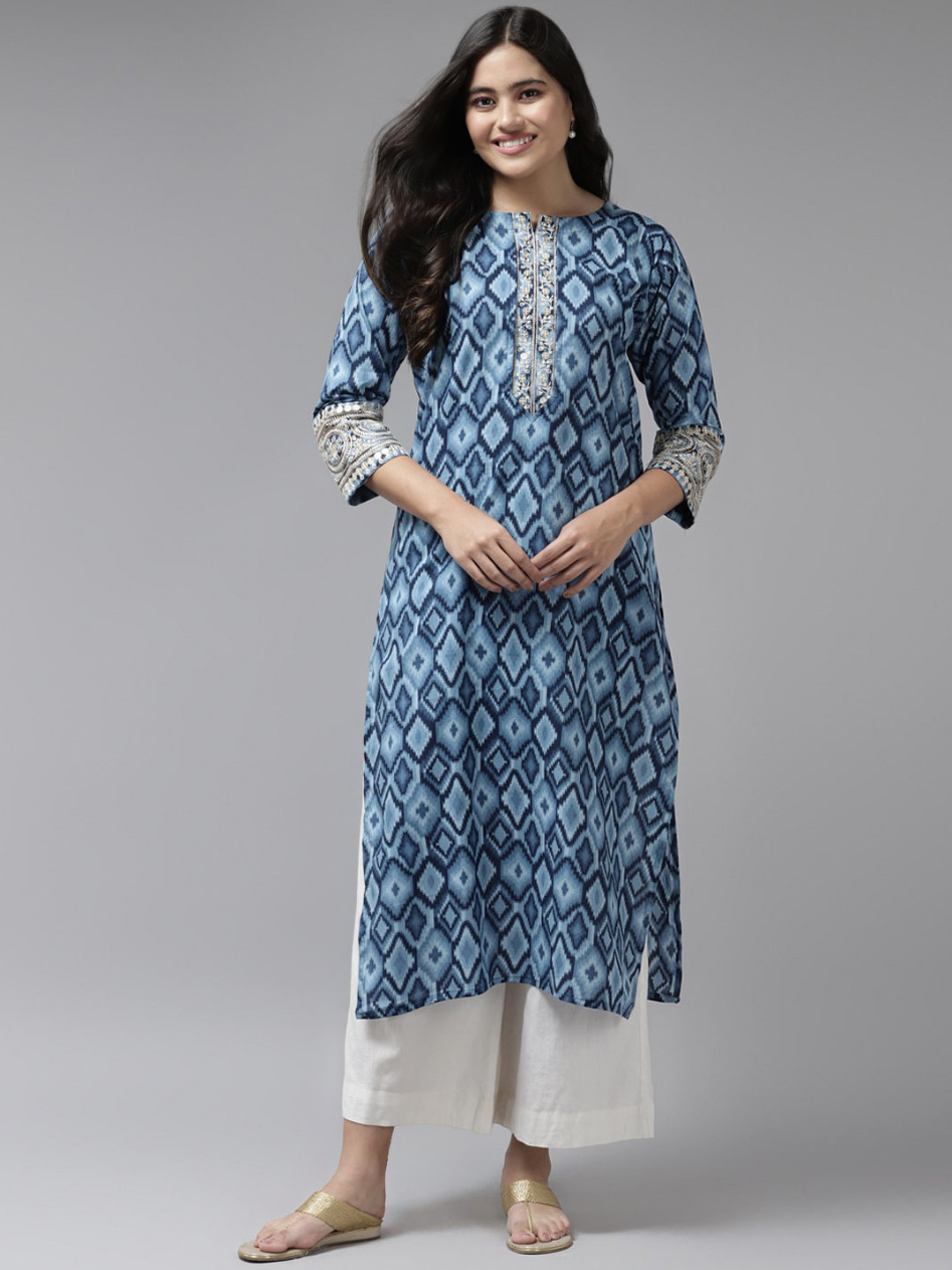 

BAESD Geometric Printed Thread Work Cotton Straight Kurta, Blue
