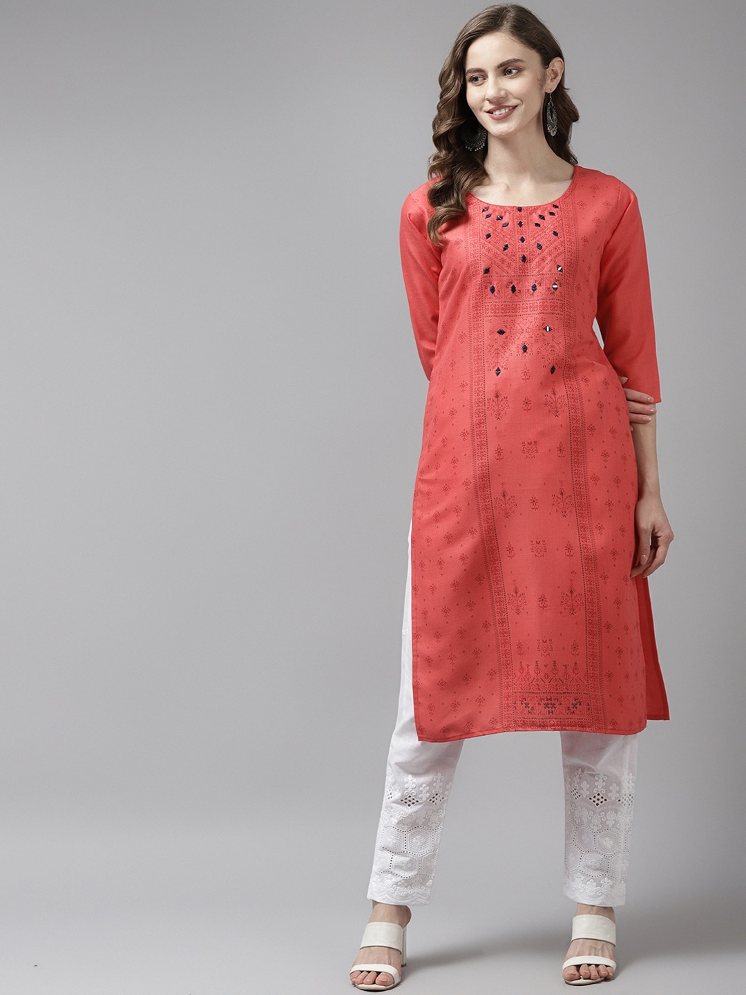 

BAESD Ethnic Motif Printed Round Neck Cotton Straight Kurta, Red