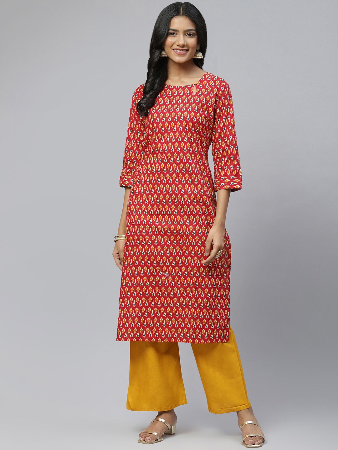 

BAESD Ethnic Printed Round Neck Cotton Straight Kurta, Coral