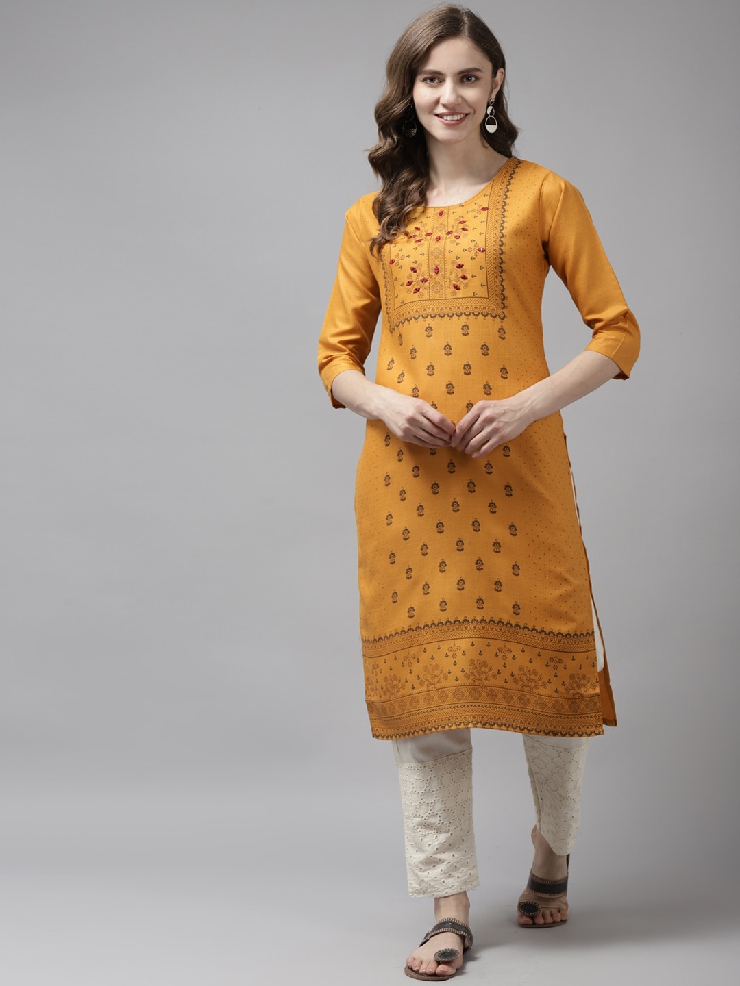 

BAESD Ethnic Motifs Printed Cotton Straight Kurta, Yellow