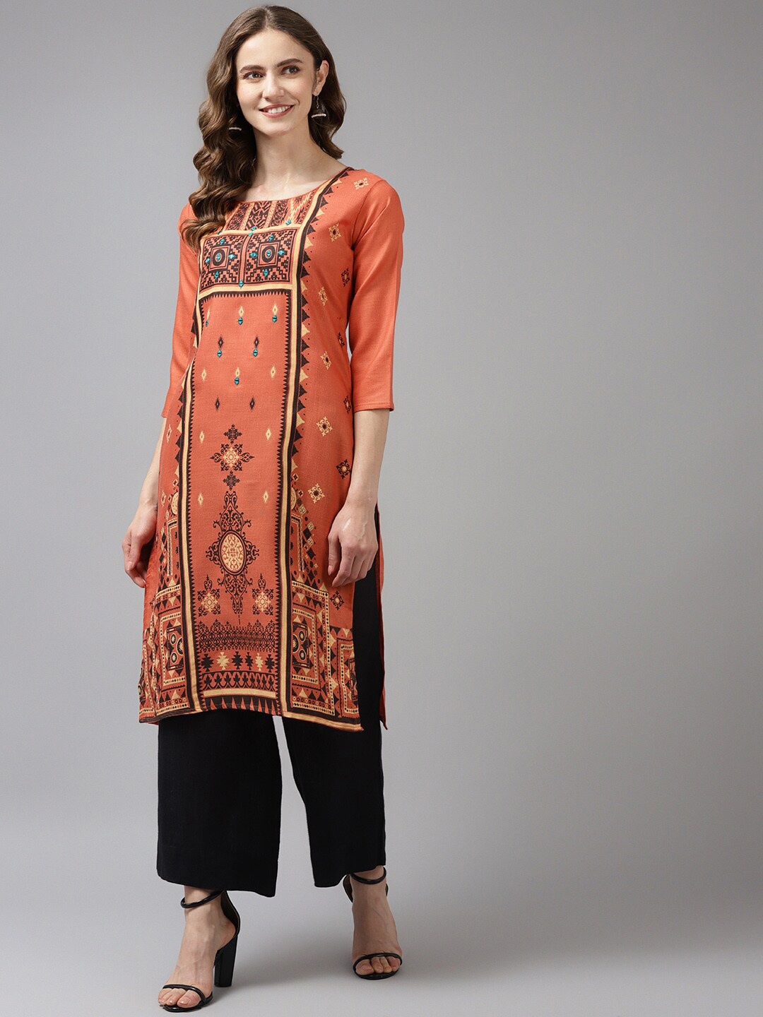 

BAESD Ethnic Motifs Printed Cotton Straight Kurta, Orange
