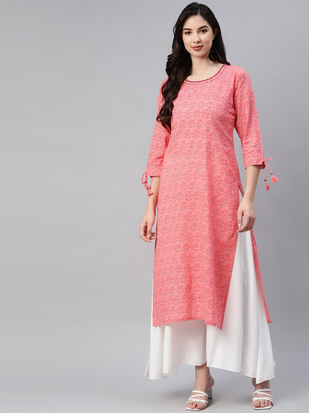 

BAESD Floral Printed Mirror Work Cotton Straight Kurta, Pink