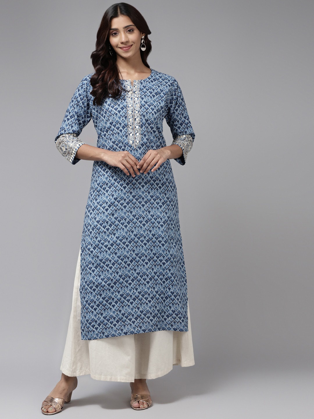 

BAESD Ethnic Motifs Printed Thread Work Cotton Straight Kurta, Blue