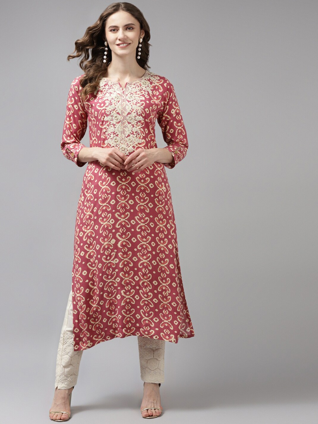 

BAESD Ethnic Motif Printed Round Neck With Notched Cotton Straight Kurta, Red