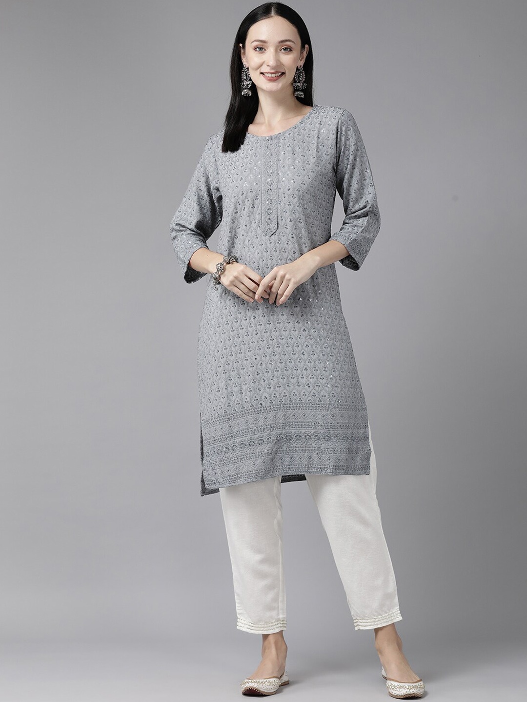 

BAESD Embellished Sequinned Detailed Cotton Straight Kurta, Grey