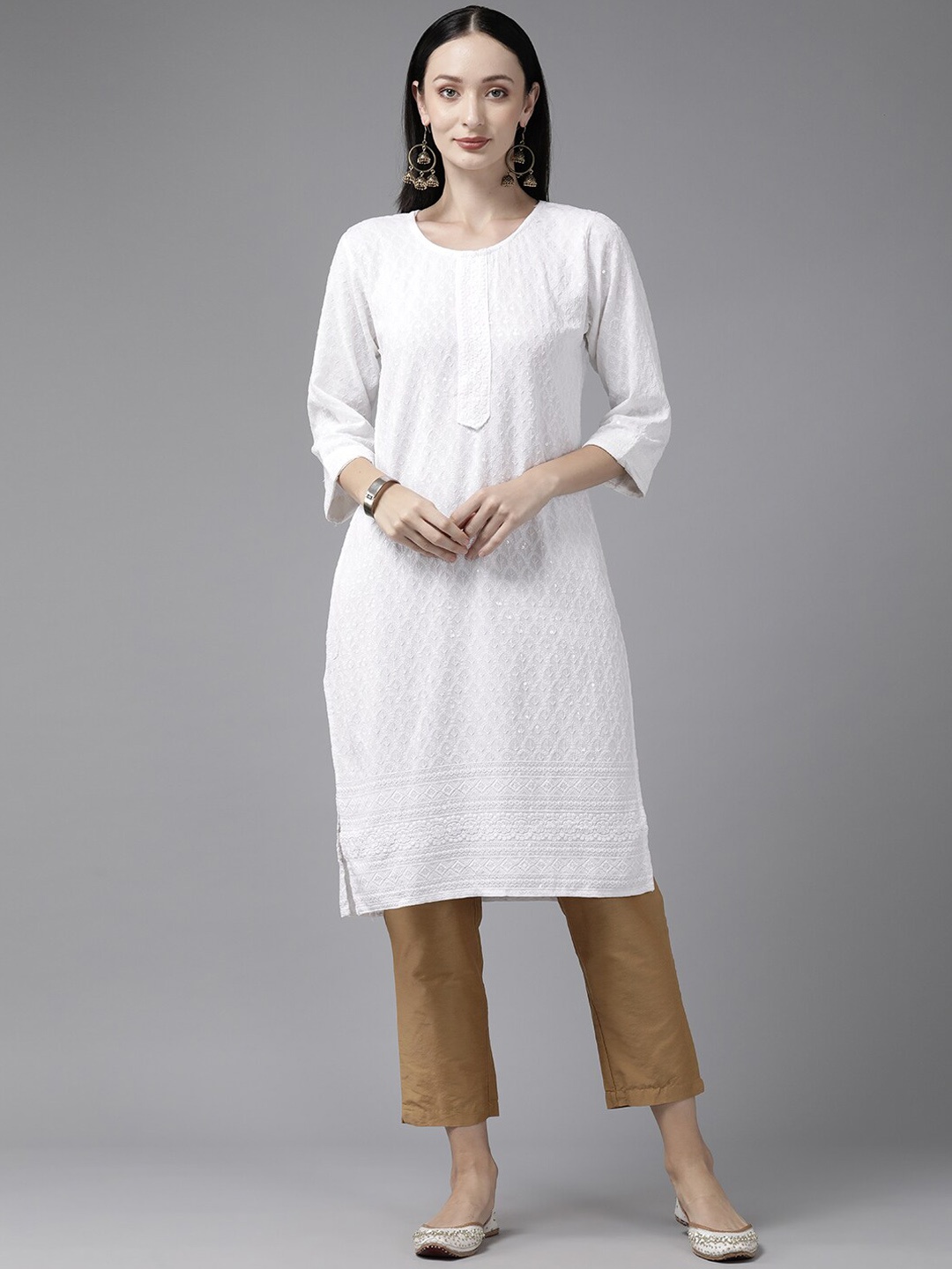 

BAESD Ethnic Motif Embroidered Round Neck Cotton Straight Kurta, White